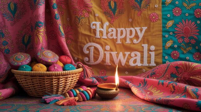 Diwali scene unfolds with an illuminated diya, traditional sweets, Diwali, Diwali Celebration: A vibrant and joyous digital art illustration of the Hindu festival of lights
