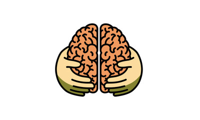 A stylized graphic icon of two hands gently holding and protecting a human brain, symbolizing mental health, wellness, and neurological care.