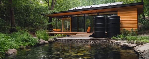 A rainwater collection system innovatively integrated into a sustainable cabin, promoting eco-friendly living and conservation techniques.