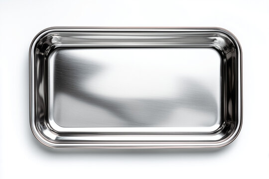 Rectangular stainless steel tray with polished reflective surface, clean and minimal design, isolated on white background.