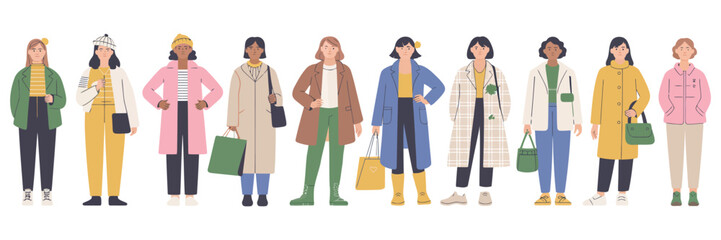 Obraz premium Diverse Group of Stylish Women Wearing Trendy Winter Outfits. Hand Drawn Vector Illustration Showcasing Modern Street Style Fashion in a Casual and Colorful Urban Setting.