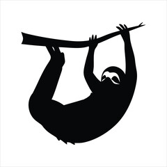 Black silhouette of a sloth hanging from a tree branch © shah