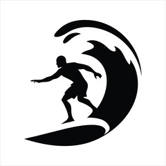 Silhouette of a surfer riding a large wave