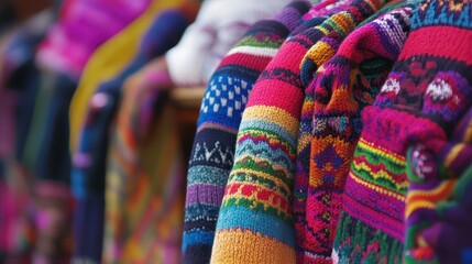 Colorful Handwoven Sweaters Displayed in a Craft Market Setting
