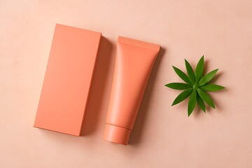 Peach cosmetic tube with box and green plant on pastel background