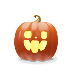 3d orange long Halloween pumpkin. Glowing scary decoration for October holiday. Three-dimensional vector illustration spooky face light. Autumn Jack o lantern carved cute vegetable
