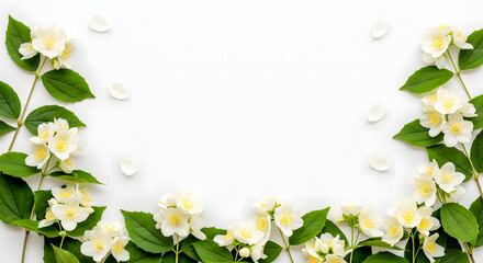 White jasmine flowers with green leaves arranged on a white background, creating a natural frame with scattered petals.