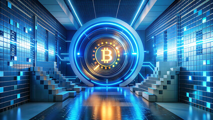 3d cryptocurrency coin spinning inside neon blue background digital finance technology concept illustration  