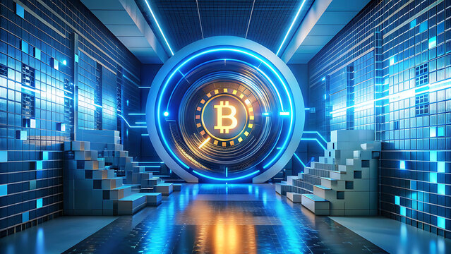 3d cryptocurrency coin spinning inside neon blue background digital finance technology concept illustration   - Powered by Adobe