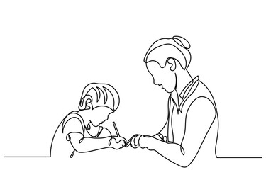 continuous line drawing of a teacher guiding a young child as they write, learning, support, and education.young female teacher giving a lesson in the class.vector illustration.