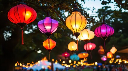 Fototapeta premium Colorful Lanterns Hanging in a Festive Outdoor Setting at Dusk