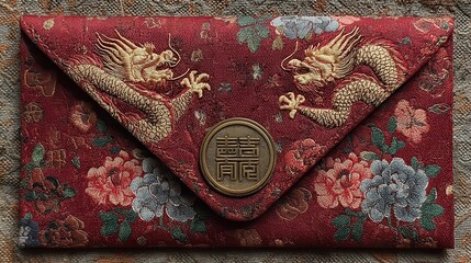 Red chinese envelope with embroidered gold dragons and floral designs resting on rustic wooden surface