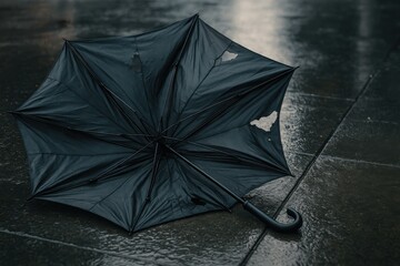 Solitary umbrella on wet pavement evokes feelings of gloom and resilience after the storm