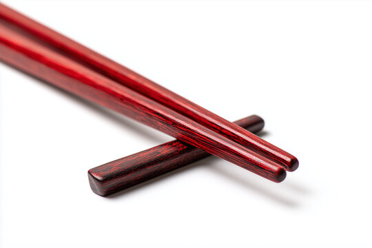 Wooden chopsticks resting on a matching wooden holder. An elegant dining utensil symbolizing Asian cuisine, culture, and traditional tableware, isolated on white background.
