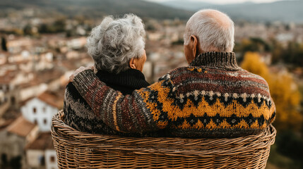 Obraz premium Elderly Couple Embracing Against Scenic Town View in Sweaters