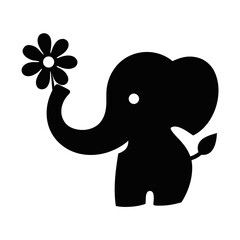Cute elephant silhouette holding a flower simple art vector