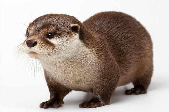 Curious otter standing with alert posture and sleek brown fur. A playful wildlife mammal symbolizing nature, riverside habitat, and animal behavior, isolated on white background.
