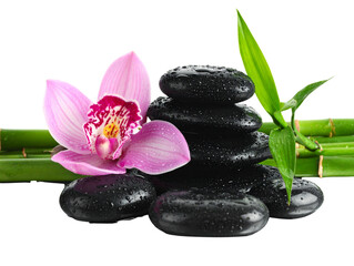 Stacked Spa Stones with Bamboo Stalks, Orchid Flower, and Water Droplets, Transparent PNG  