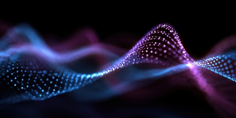Abstract Glowing Wave of Blue and Purple Particles on Black Background