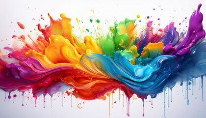 acrylic rainbow colors in paint or ink splashing on white background generative ai