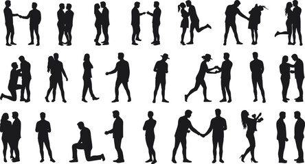 Silhouettes of couples and individuals showing love, romance, engagement, social interaction, communication, affection, intimacy, partnership, 