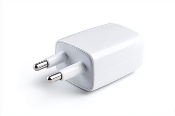White electric plug with dual metal prongs attached to a power cable. A household electrical connector symbolizing energy supply, charging, and appliance use, isolated on white background.
