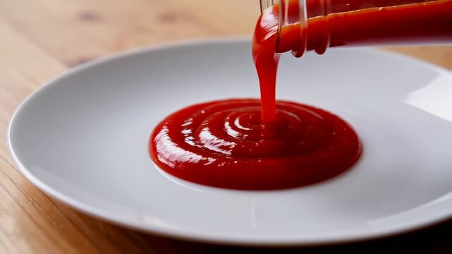 Pouring tomato ketchup sauce on a white plate, from bottle to plate, close-up view of the ketchup