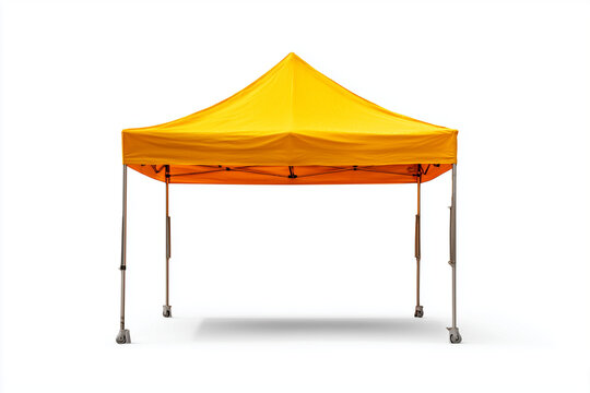 Empty market stall and tent with canopy top and counter stand. A vibrant fair booth structure symbolizing street food, carnival, and festive sales, isolated on white background.
