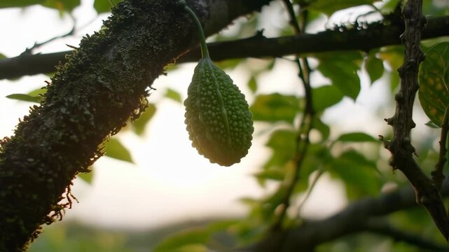 Close-up video of a green bitter melon hanging from a tree branch in a sunny garden