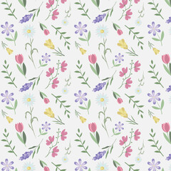 Spring floral seamless pattern – colorful wildflowers background with tulips, daisies, chamomile and lavender for fabric, wrapping paper and scrapbook design. Kids textiles, purple, green, pink flower