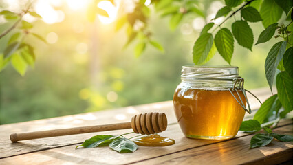 Golden honey in glass jar with dipper on wooden table surrounded by lush green foliage sunlight