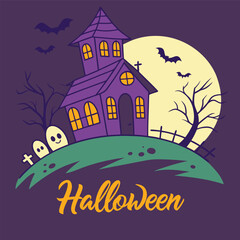 Spooky Halloween night featuring haunted house, graveyard, full moon, and bats for seasonal fun