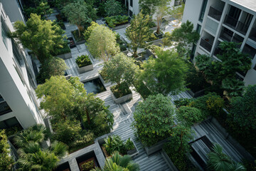 High-rise condominium with lush green garden and swimming pools in the central courtyard, modern urban residential architecture with eco-friendly design.