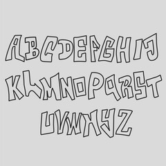 Graffiti style alphabet with unique bold lines, cartoon and kids lettering perfect for posters, stickers, and street art.