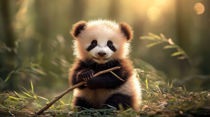 Obraz premium Adorable Baby Panda Playing with Bamboo in Natural Forest Setting