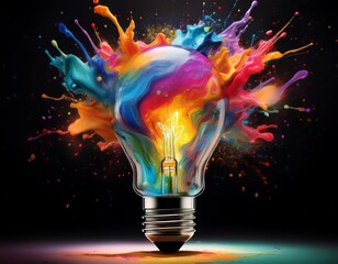 light bulb with explosion of color and splashes of paint on black background abstract concept of creative thinking generative ai