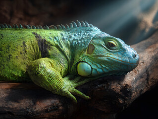 Fototapeta premium Green iguana resting on wooden log under sunlight, vibrant scales and relaxed expression, tropical reptile in naturalistic pet enclosure, detailed texture and vivid color