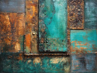 Abstract Teal Copper Rust Metallic Panel Texture Background