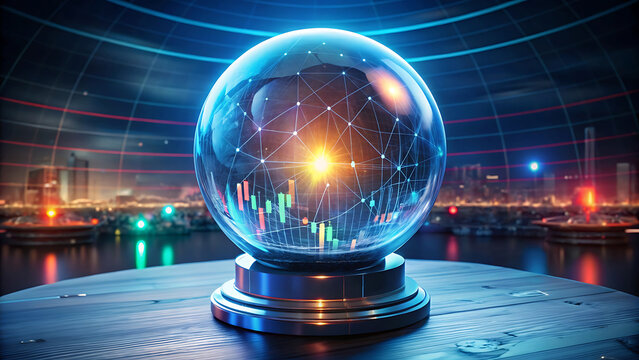 Futuristic glowing crystal ball showing stock future prediction futuristic finance mystical holographic design  