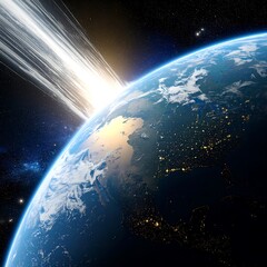 A celestial impact event, showcasing Earth from space, with a vibrant array of cosmic colors and a dramatic light display.