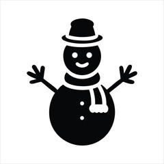 Simple black and white icon of a cheerful snowman wearing a hat and scarf