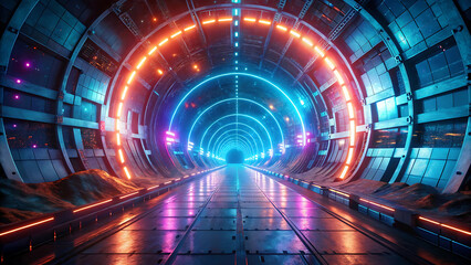Futuristic holographic tunnel glowing with program code futuristic finance trading technology digital vision