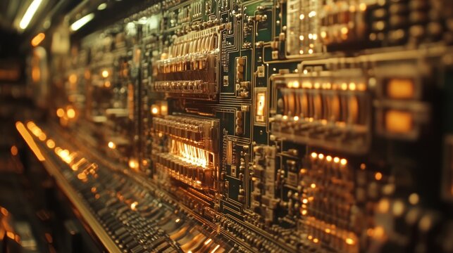 Illuminated circuit board close-up in a dark technical room