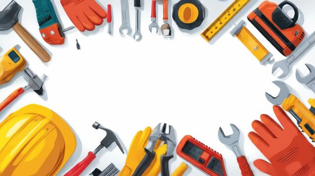 An overhead view features a collection of various tools arranged around a white, empty space, ready for construction, repair, or other projects