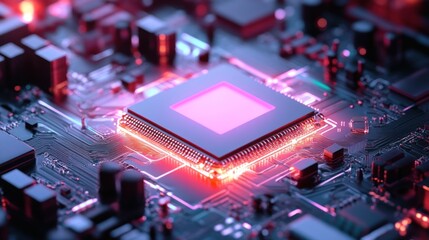 Illuminated CPU chip on circuit board; glowing components; technology concept; futuristic design