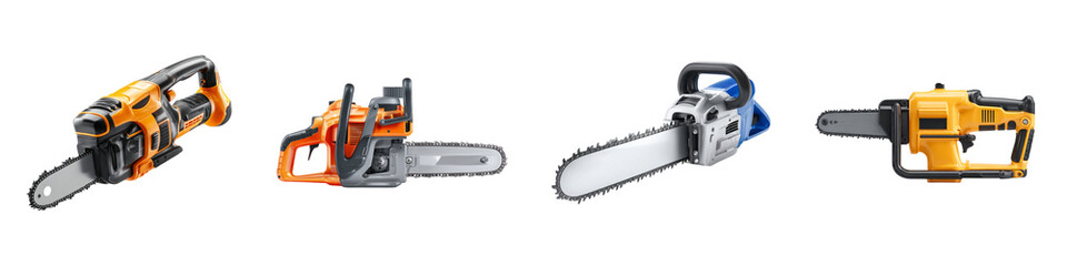 Naklejka premium Various Chainsaws for Different Cutting Needs Professional Tools for Woodworking isolated on transparent background.