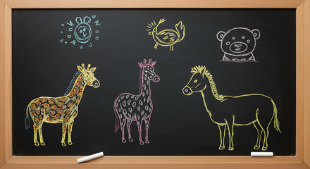 Whimsical chalk drawings of animals and a sun on a blackboard in a classroom