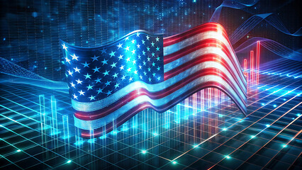 Glowing american flag morphing with financial holographic futuristic trading economy patriotic digital design  