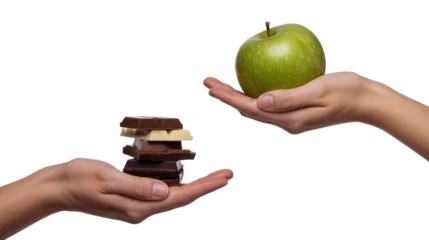 Healthy Choice Dilemma Offering Apple for Chocolate Temptation on Transparent Background