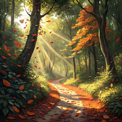 Tranquil forest path glowing under sunlight with cascading orange fall leaves, Ai Generated